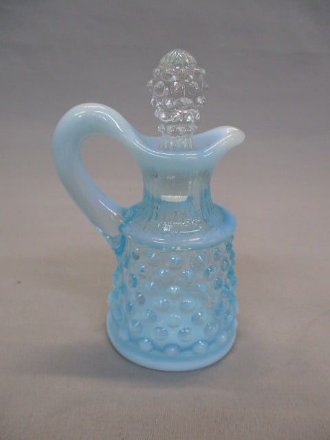 Fenton Blue Opalescent Hobnail Cruet w/Clear Stopper: 4.5"