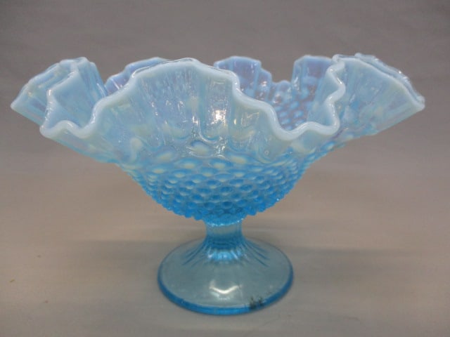 Fenton Blue Opalescent Hobnail Ruffled Edge Compote (1 of 6)