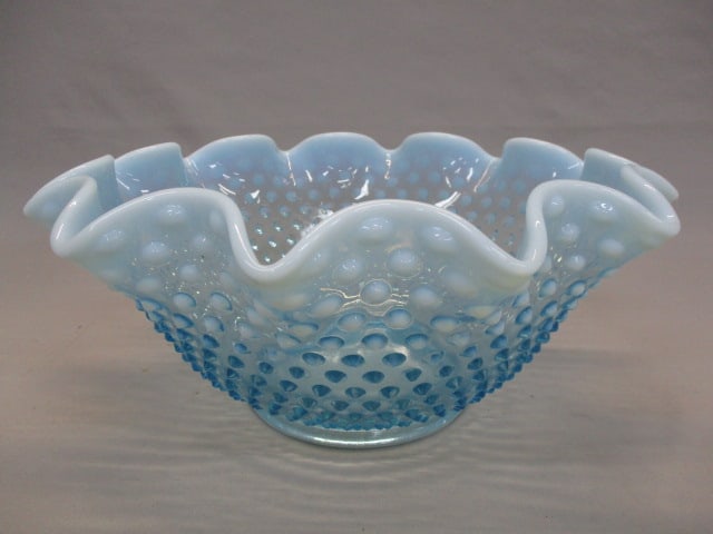 Large Fenton Blue Opalescent Hobnail Ruffled Edge Bowl (1 of 6)