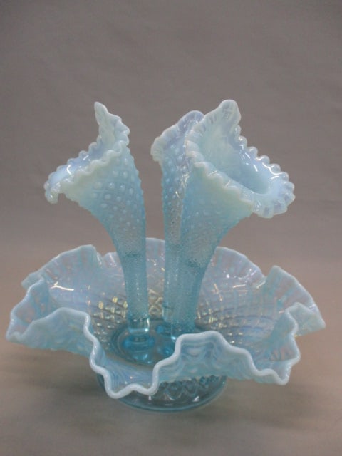 Fenton Blue Opalescent Hobnail Diamond Lace Epergne (1 of 8)