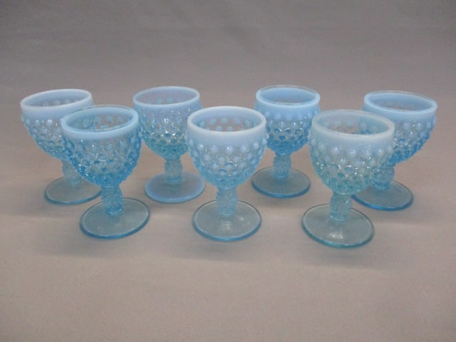 7 Fenton Blue Opalescent Hobnail Wine Goblets (1 of 4)