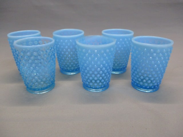 6 Fenton Blue Opalescent Hobnail Glasses: 3.5" 