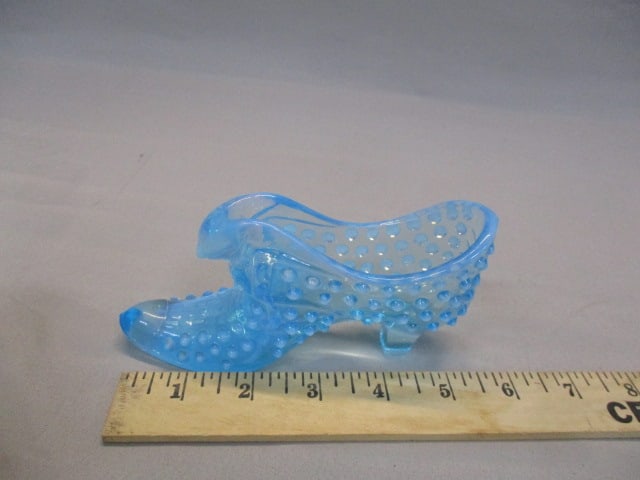 Fenton Blue Opalescent Hobnail Glass Cat Head Slipper - 3