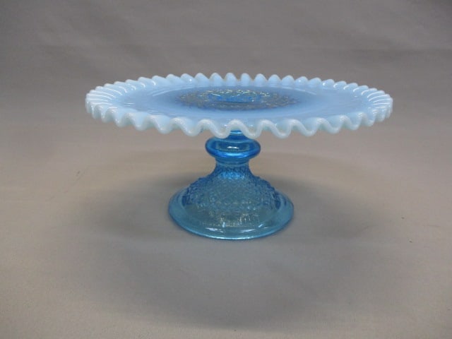 Fenton Blue Opalescent Hobnail Cake Plate w/Crimped Edge (1 of 6)