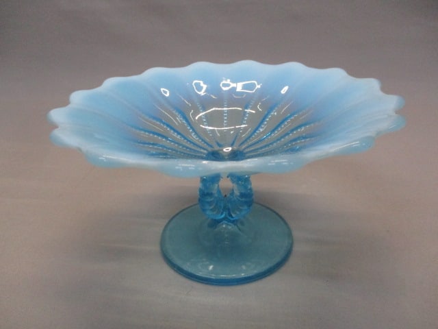 Northwood Beaded Panel Blue Opalescent Compote: 7" x 4" 