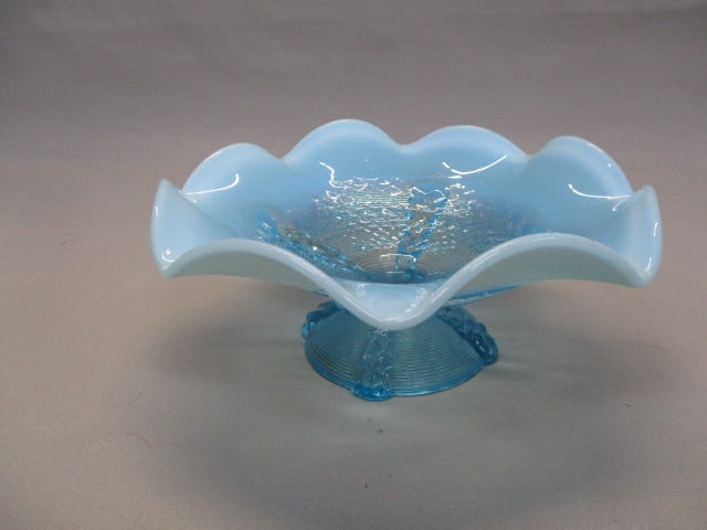 Northwood Button Panels Blue Opalescent Pedestal Bowl: 7.5" x 3" 