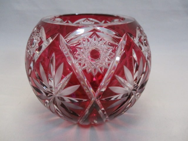 Vintage Bohemian Cranberry Cut Glass Round Vase (1 of 4)