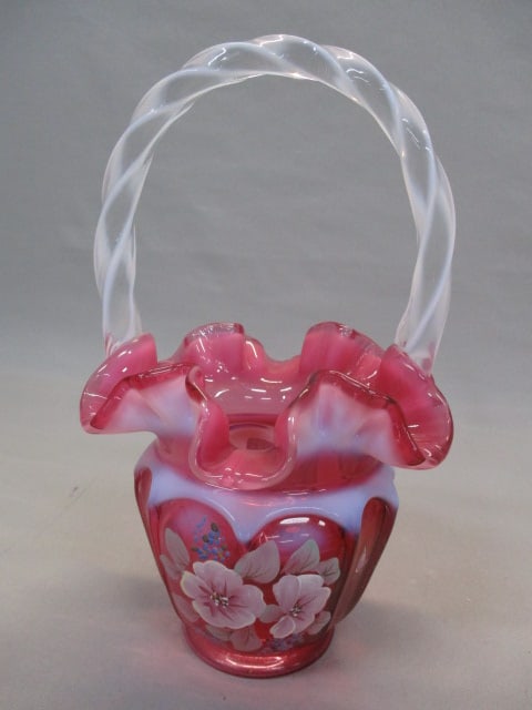 Fenton Cranberry Opalescent Signed Basket (1 of 6)