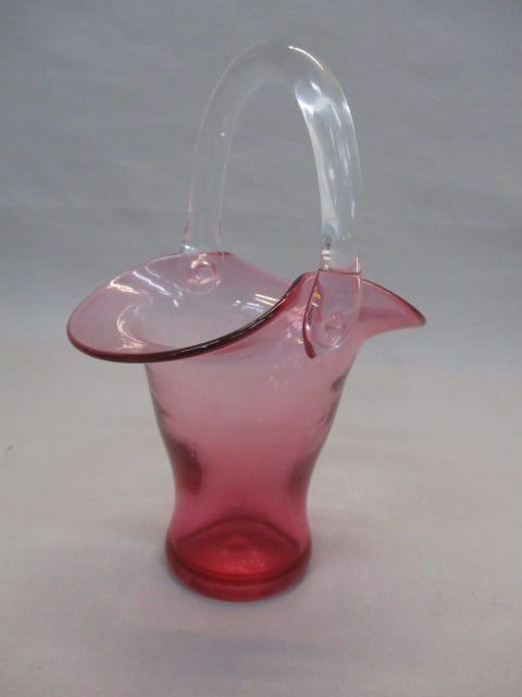 Vintage Pilgrim Cranberry Glass Basket w/Clear Handle: 5" x 8"