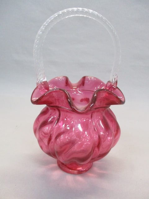 Fenton Cranberry Glass Ruffled Edge Basket w/Clear Handle (1 of 4)