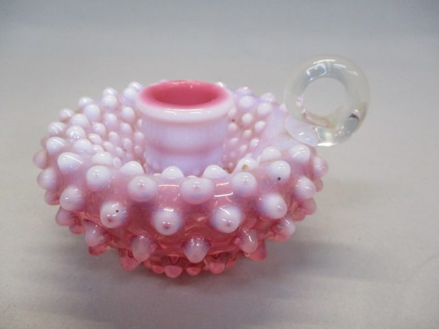 Fenton Cranberry Opalescent Hobnail Candle Holder: with Finger Loop Handle 3.5" 