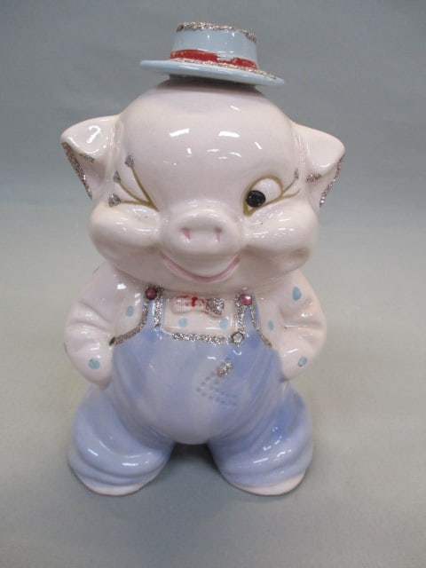 Vintage Lefton #1616 Ceramic Jeweled & Glitter Piggy Bank: 7.5" 