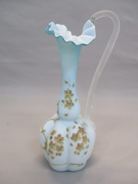 Vintage Victorian Blue Satin Glass Vase Hand Painted (1 of 6)