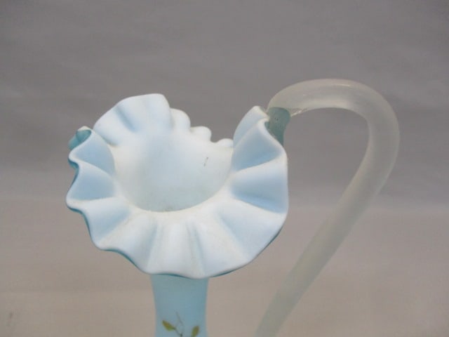 Vintage Victorian Blue Satin Glass Vase Hand Painted - 2