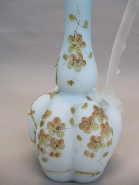 Vintage Victorian Blue Satin Glass Vase Hand Painted - 3