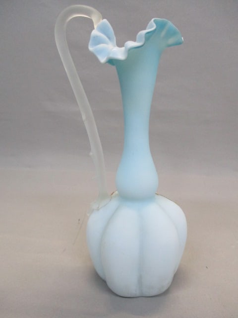 Vintage Victorian Blue Satin Glass Vase Hand Painted - 4