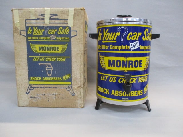 1960's Monroe 30 Cups Coffee Pot By West Bend: Promotional Advertising For Service Stations "Shock Absorbers" w/Original Box