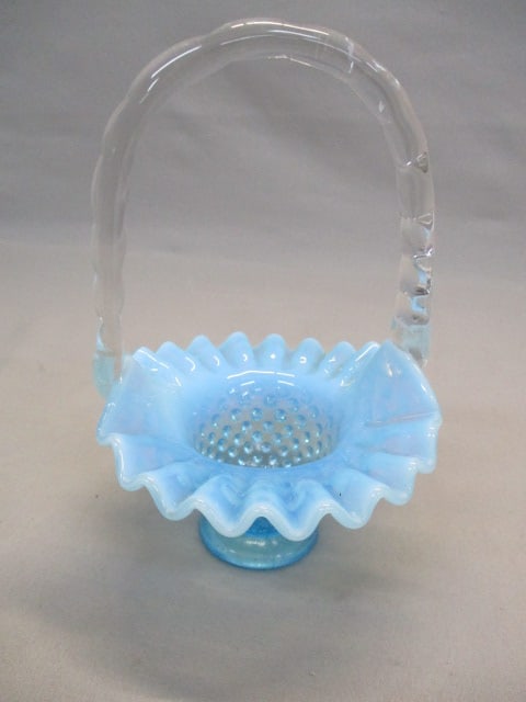 Fenton Blue Opalescent Crimped Edge Basket w/Clear Handle (1 of 5)