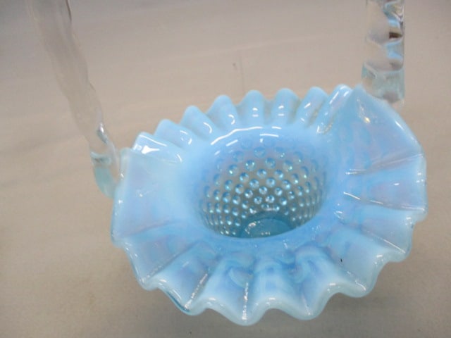 Fenton Blue Opalescent Crimped Edge Basket w/Clear Handle - 2