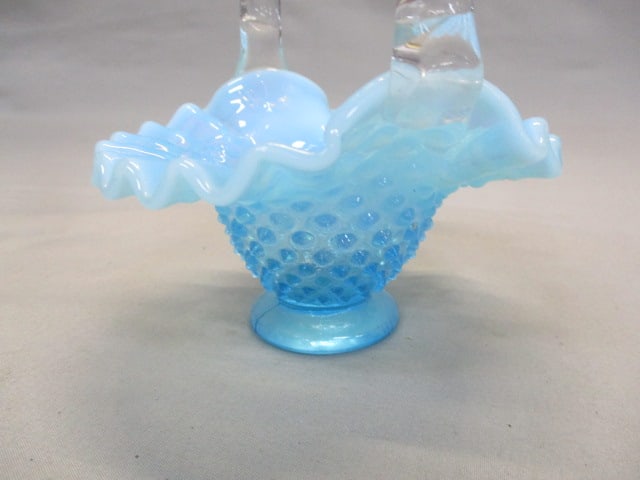 Fenton Blue Opalescent Crimped Edge Basket w/Clear Handle - 3