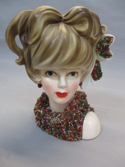 7" Relpo #K1695 Lady Head Vase with Beaded Accents (1 of 8)