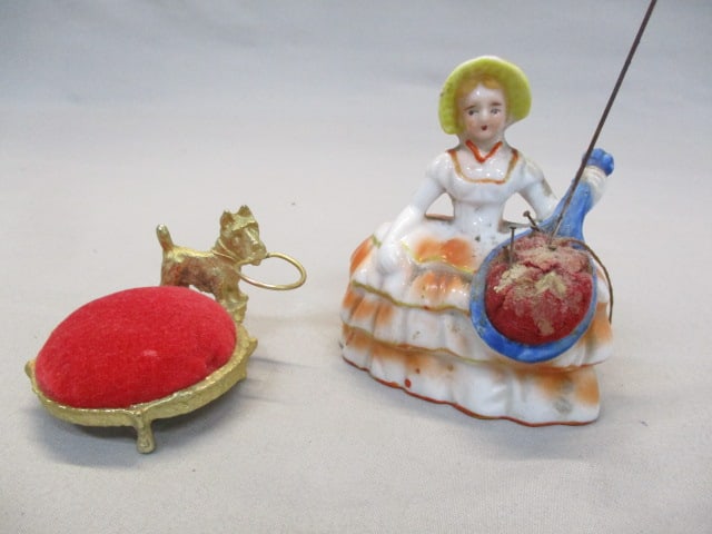 Vintage Lady Pin Cushion Made in Japan Terrier Pin Cushion & Scissors Holder: . 