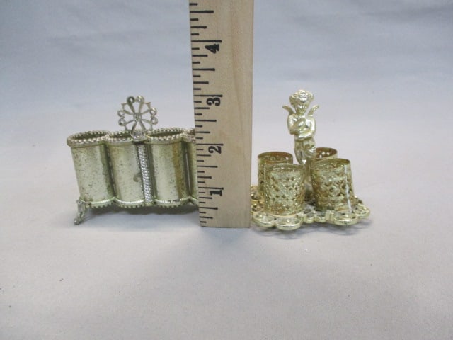 Vintage Vanity Set Gold Tone Mirror Tray, Brush, Comb, Hand Mirror - 10