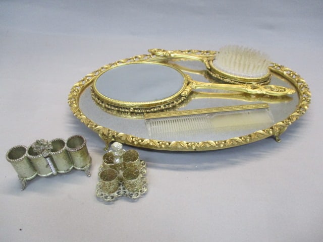 Vintage Vanity Set Gold Tone Mirror Tray, Brush, Comb, Hand Mirror (1 of 10)