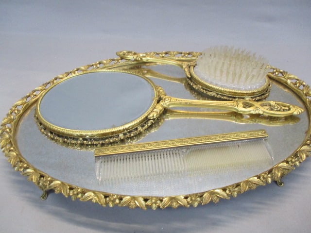 Vintage Vanity Set Gold Tone Mirror Tray, Brush, Comb, Hand Mirror - 2