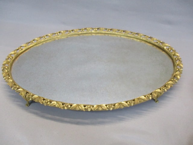 Vintage Vanity Set Gold Tone Mirror Tray, Brush, Comb, Hand Mirror - 3
