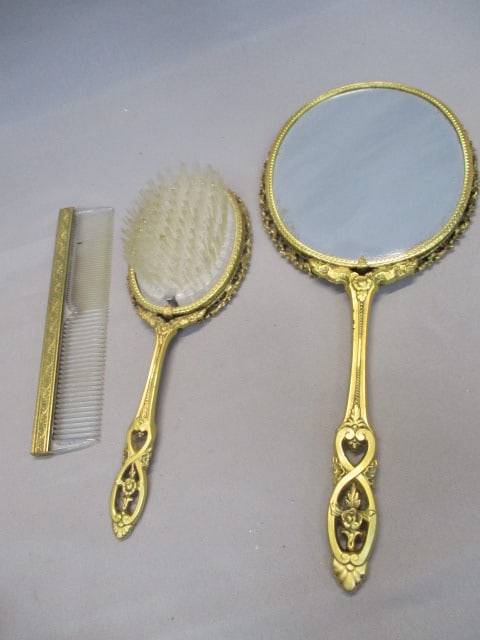 Vintage Vanity Set Gold Tone Mirror Tray, Brush, Comb, Hand Mirror - 5