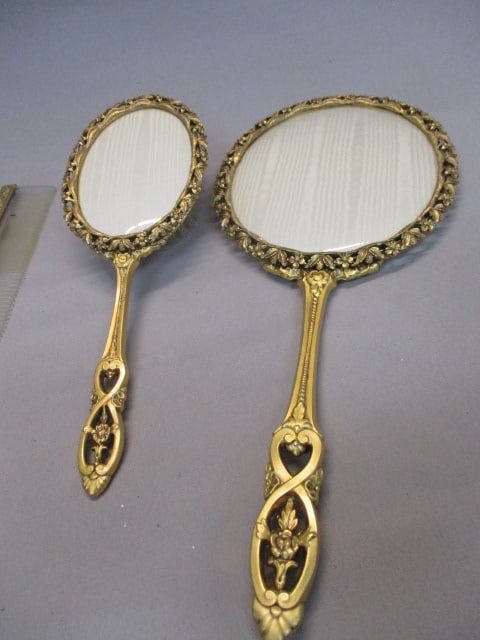 Vintage Vanity Set Gold Tone Mirror Tray, Brush, Comb, Hand Mirror - 6