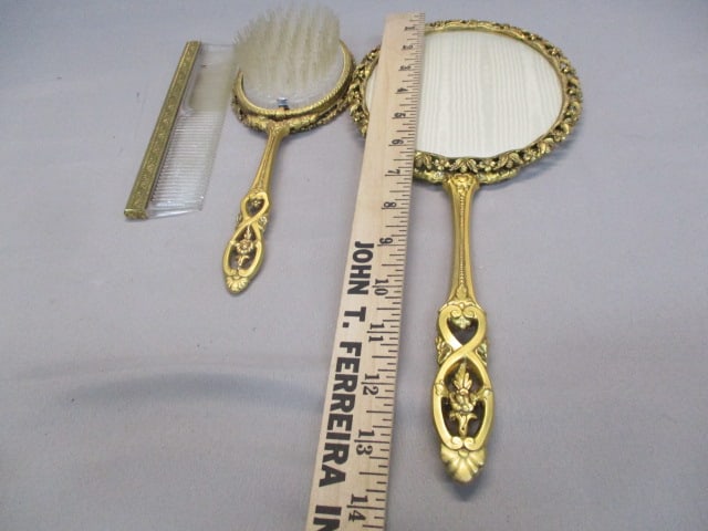 Vintage Vanity Set Gold Tone Mirror Tray, Brush, Comb, Hand Mirror - 7