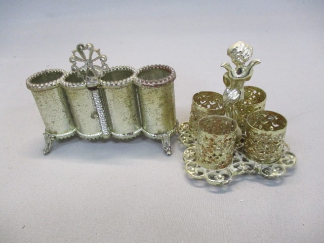 Vintage Vanity Set Gold Tone Mirror Tray, Brush, Comb, Hand Mirror - 8