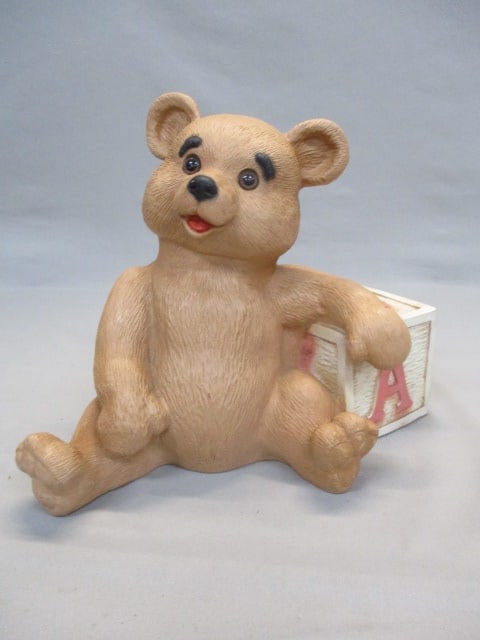 1989 Home Co Resin Teddy Bear w/Alphabet Block 9.5": . 