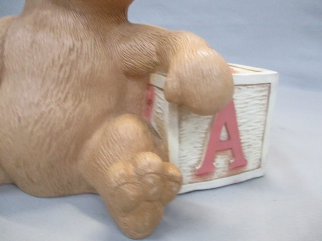 1989 Home Co Resin Teddy Bear w/Alphabet Block 9.5" - 2