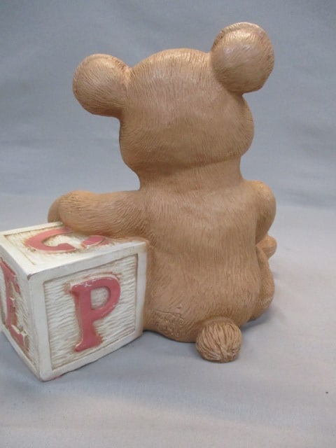1989 Home Co Resin Teddy Bear w/Alphabet Block 9.5" - 4