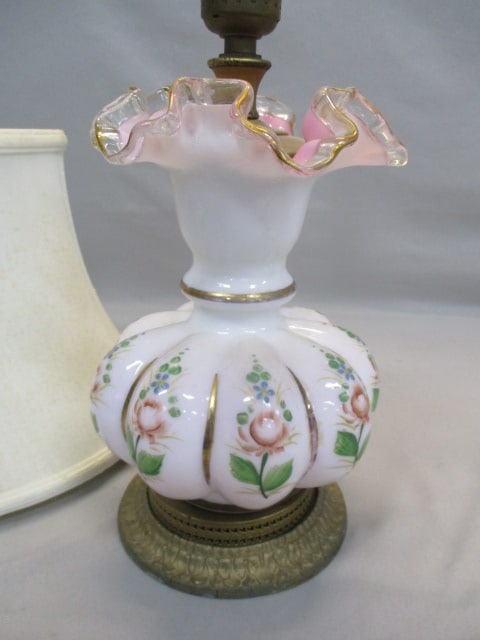Vintage Fenton "Charleston Rose" Ruffled Crest Melon Lamps - 3