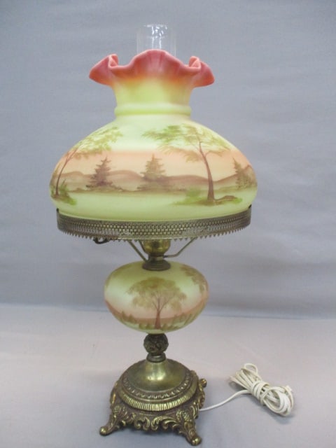 Vintage Fenton Burmese Uranium Glass Hand Painted Tree Scenes Lamp 21.5": Signed Painted By Louise Piper #6003 