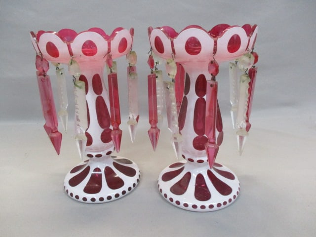 2 Antique Bohemian Mantel Lusters Cranberry Cut to Clear (1 of 8)