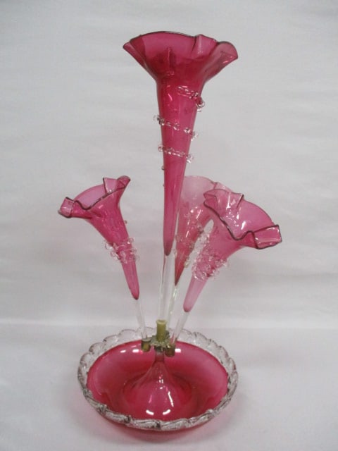 Antique Victorian Cranberry Glass Epergne w/4 Horns (1 of 7)