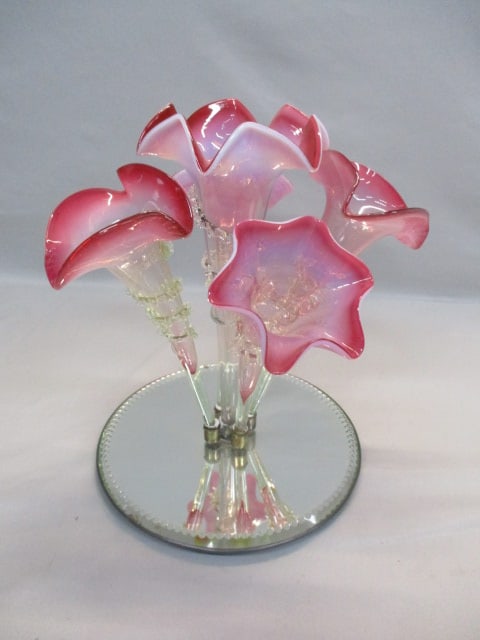 Antique Victorian Cranberry Glass Epergne w/5 Horns on Mirror Base (1 of 10)