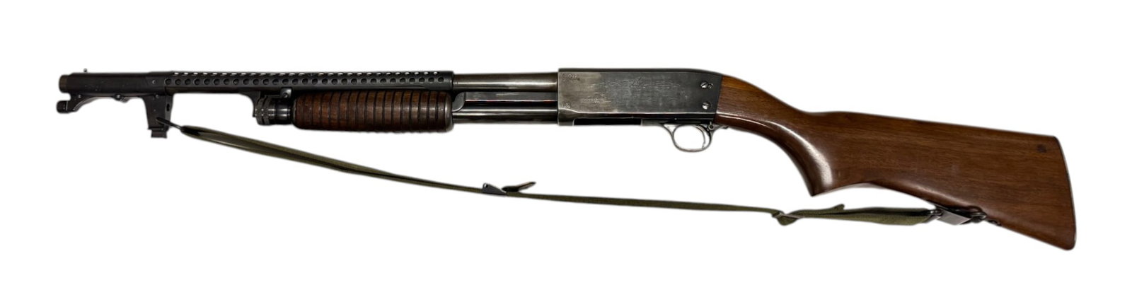 WWII Ithaca Model 37 Trench Pump Action Slamfire 12 GA. Shotgun: S#: 2416 | 20" Barrel with 2-3/4" chamber | 6-shot | Ithaca Gun Inc., Ithaca NY, patent no. 1849982 Model-37 | Has RLB ordnance markings that signify it was accepted by Colonel Roy. L. Bowlin who was