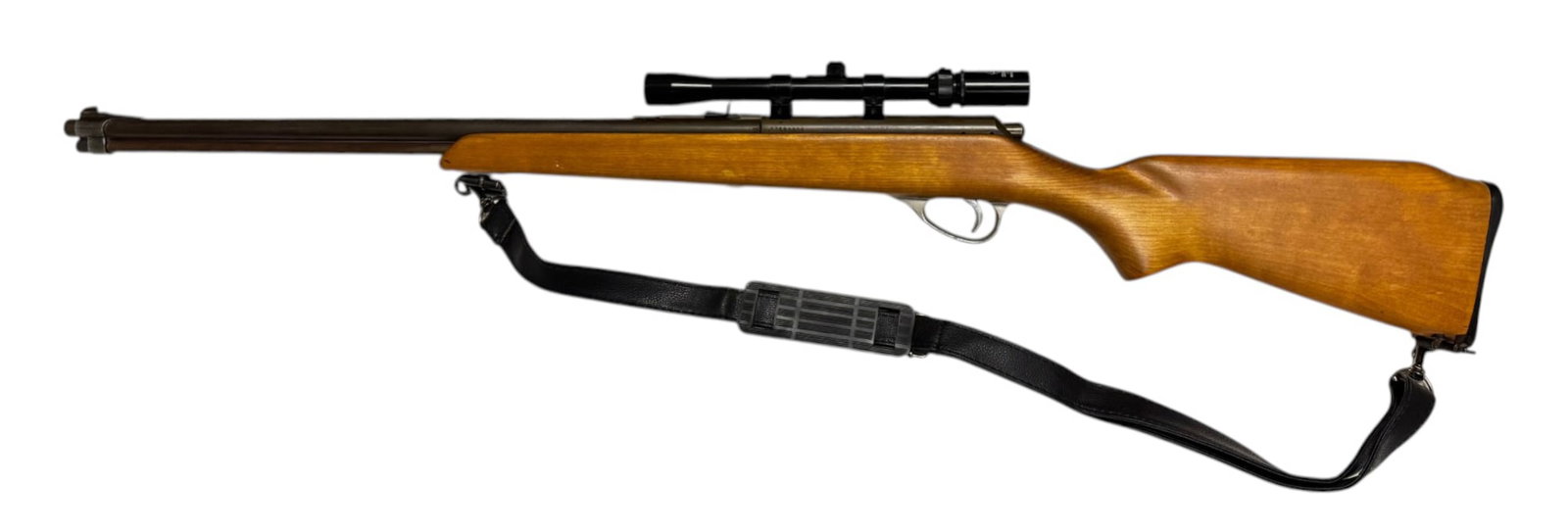 Revelation Western Model 110M .22 S-L-LR Magazine Tube Fed Bolt Action Rifle with Scope: S#: 27509806 | 22" JM Marked Barrel | 15 to 18rd. Magazine capacity | Comes with Simmons 3x-7x20 Model 1004 scope | Comes with leather sling |||| CONDITION: Very good. 25% blue patina finish. Wood sto