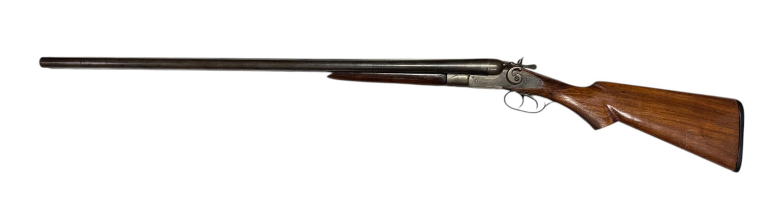 Antique The New England Double Barrel SXS 12 GA. Hammer Shotgun: S#: 19120, matching on receiver, barrel, and forend | 30" Barrel | Water Table Marked "73" / "S30" / "19120" |||| CONDITION: Good. 10% darkend metal patina. Wood stock is in solid condition with beaut