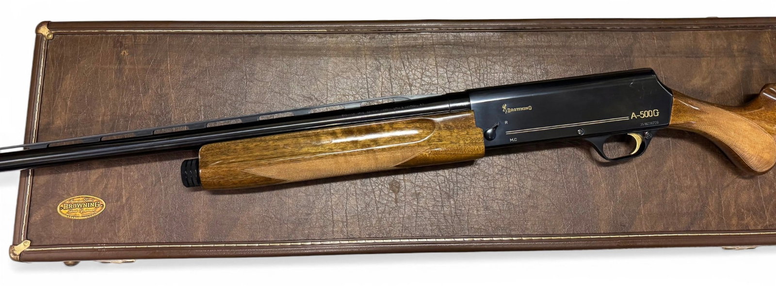 Excellent Cased Belgium Browning A-500G 12 GA. Semi-Automatic Shotgun with Vent-Rib Barrel: S#: 351NZ26728, matches on all components | 28" Special Steel Invector Barrel with Vent-Rib and 2-3/4" and 3" chamber | 14.5" LOP | Comes in nice Browning Hard case with manual, and choke tube wrench