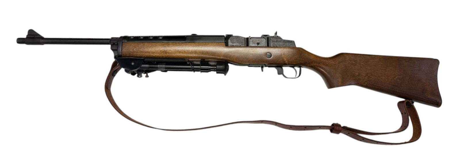 Excellent Ruger Mini-Thirty 7.62x39mm Semi-Automatic Magazine Rifle with Bipod & Sling: S#: 189-63409 | 16" Barrel | Comes with 5rd. Magazine | Harris 1A2 Ultra Light Bipod | Leather sling |||| CONDITION: Excellent. 98% original blue finish with minor storage wear. Wood stock is