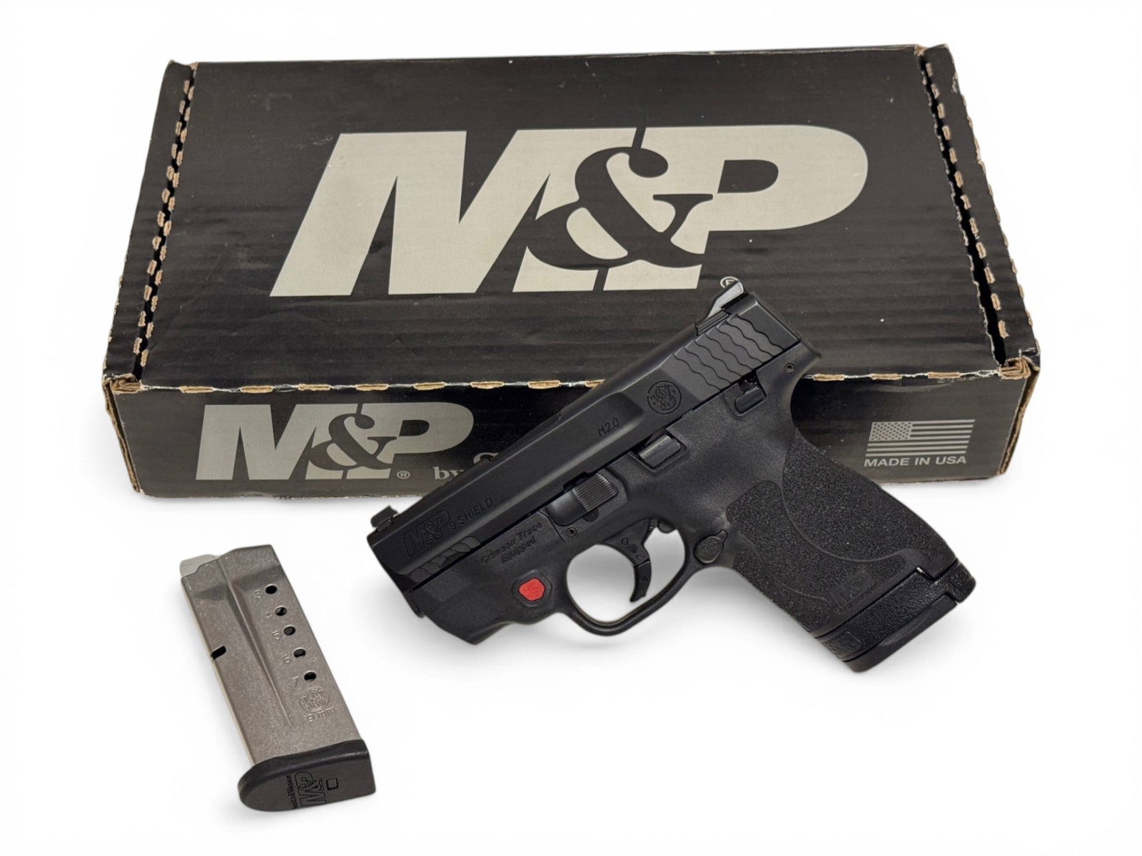 LNIB Smith & Wesson M&P 9 Shield M2.0 Semi-Automatic 9mm Pistol w/ CT Red Laser: S#: JEB8188 | #021320 | Comes in factory box with (2) 7rd. Magazines (one marked .40 S&W but should still work), and paperwork |||| CONDITION: Excellent with some light use. Mechanically functions. Bo