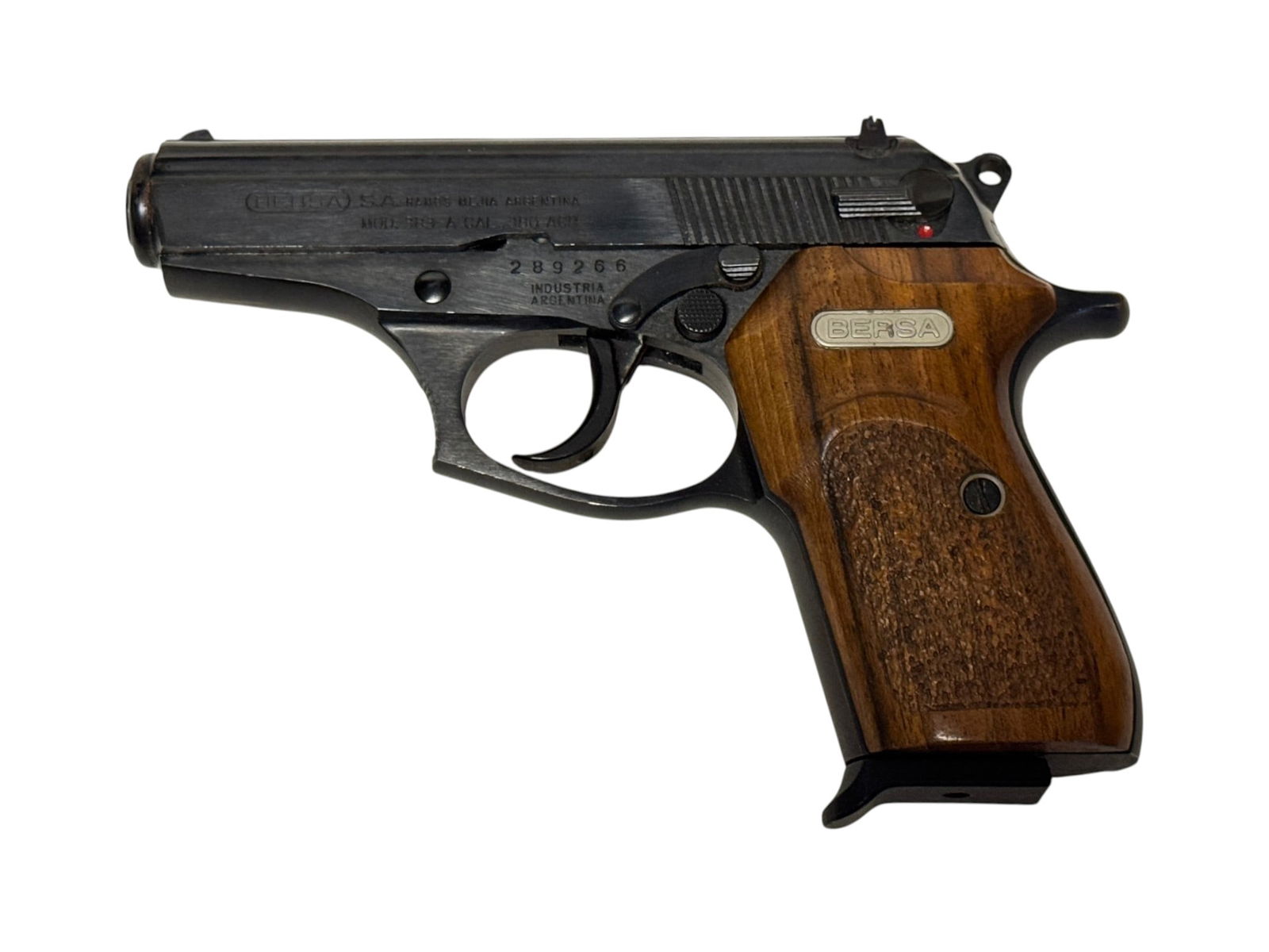 Excellent Argentina Bersa Model 383-A Semi-Automatic .380 ACP Pistol: S#: 289266 | Imported by R.S.A. | Comes with (1) 6rd. Magazine and nice factory wood grips |||| CONDITION: Excellent. 99% Original blue finish. Minor storage wear. Mechanically functions. Bore is exce