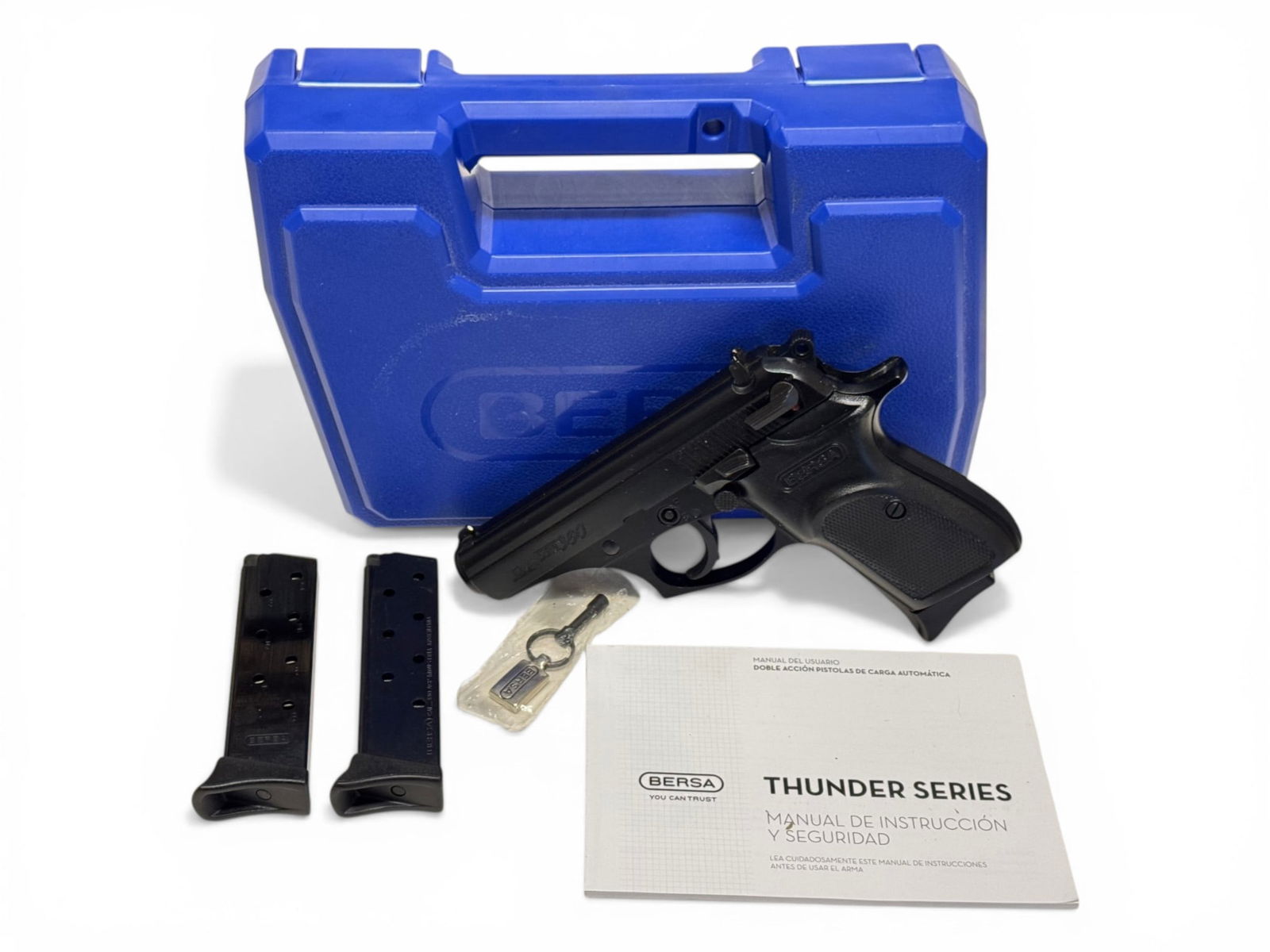NIB Bersa Thunder380 Semi-Automatic .380 AUTO Pistol: S#: K58503 | Matte Blue | Comes in factory hard case with matching label, Bersa keychain, manual, and (3) 8rd. Magazines |||| CONDITION: New in box 